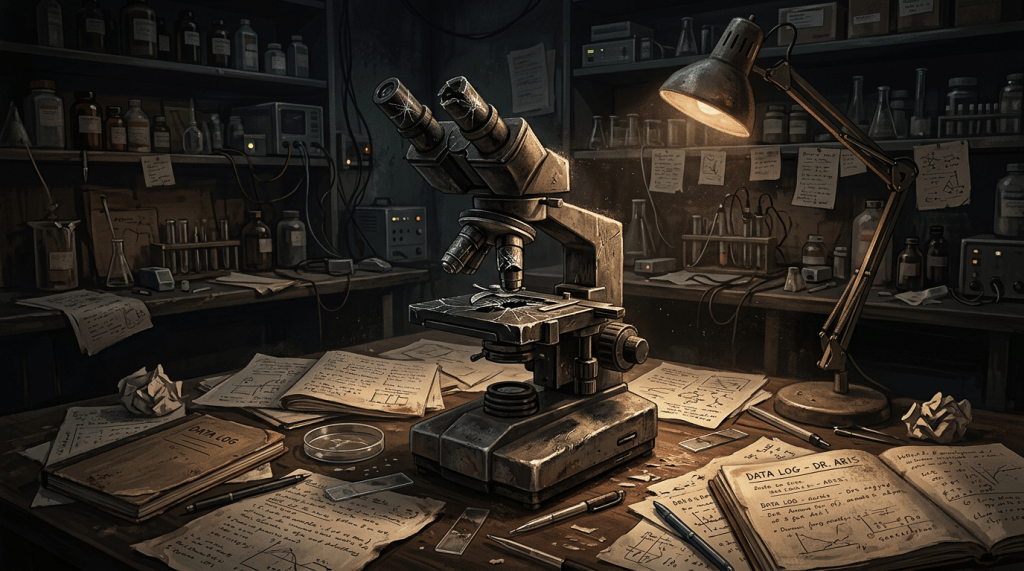 Old microscope on cluttered desk with scientific notes and lab equipment