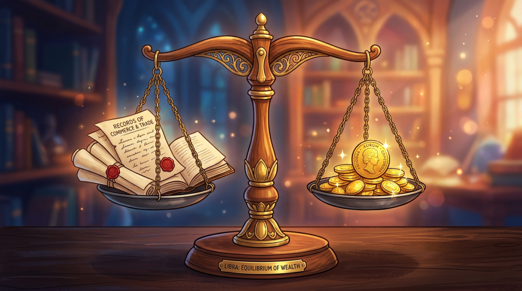 A balance scale holding documents labeled 'Records of Commerce & Trade' on one side and gold coins on the other