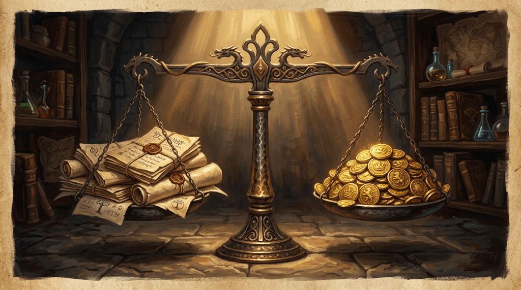 An ornate bronze balance scale weighing sealed scrolls on one side and gold coins on the other