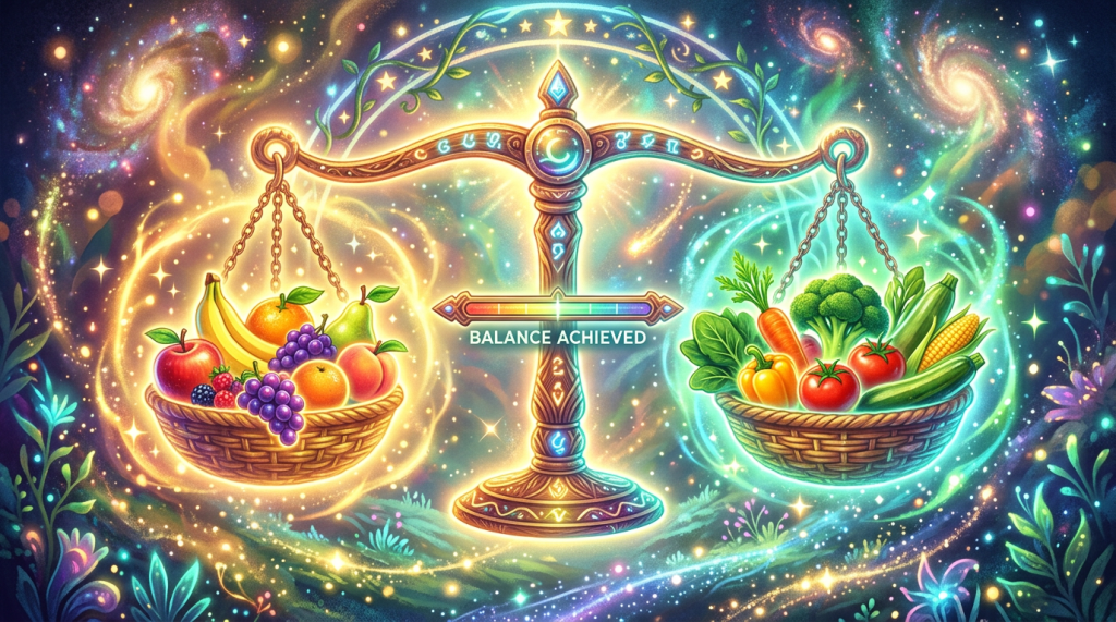 Glowing balance scale with a basket of fruit on one side and vegetables on the other, surrounded by cosmic swirls and stars