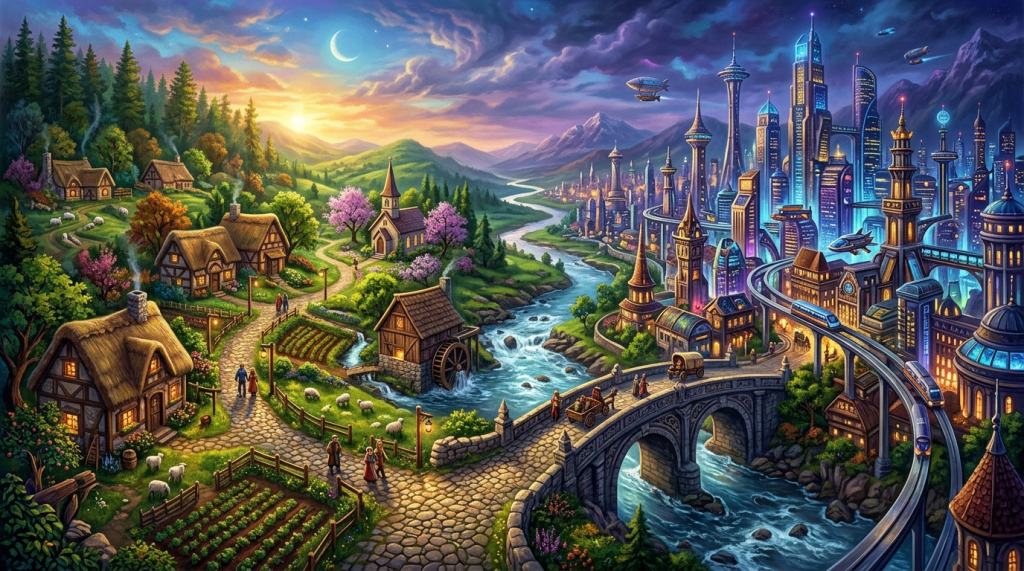 River flowing between a quaint village with cottages and farmland on one side and a glowing futuristic city with skyscrapers and flying vehicles on the other