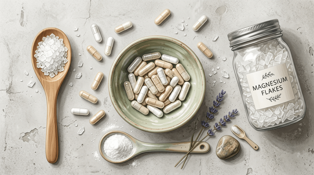 Magnesium capsules in a bowl, magnesium flakes in a jar and spoon, and lavender sprigs on a textured surface