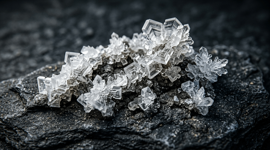 Close-up of geometric ice crystals with clear hexagonal and star shapes on a dark rocky surface