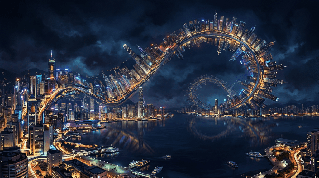 City skyline at night bending into an infinite loop over water