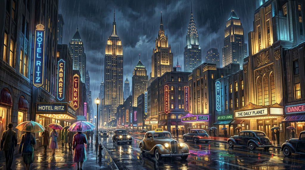 Rainy 1930s city street with people under umbrellas, vintage cars, and bright neon signs
