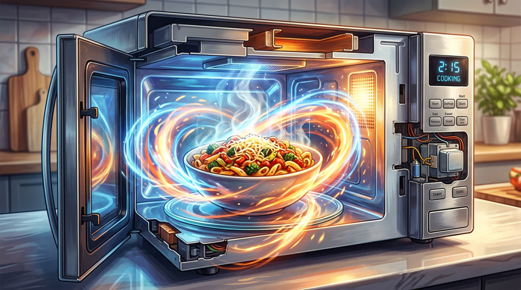Open microwave oven with bowl of pasta and visual energy waves showing heating process