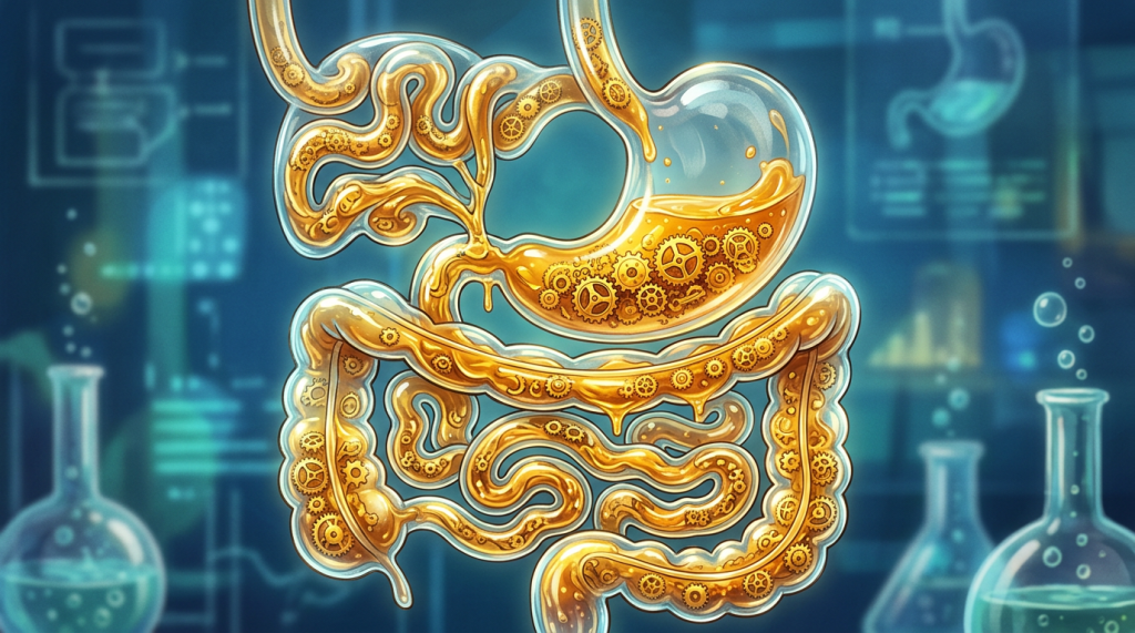 The human digestive system with liquid and mechanical gears inside the stomach and intestines
