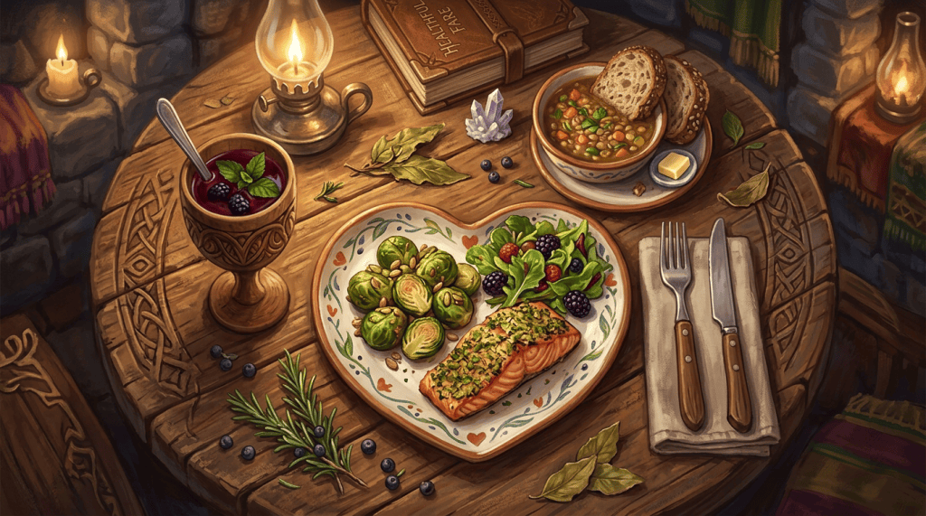 Heart-shaped plate with salmon, brussels sprouts, salad with berries, bowl of soup with bread, berry drink in goblet, candles on wooden table