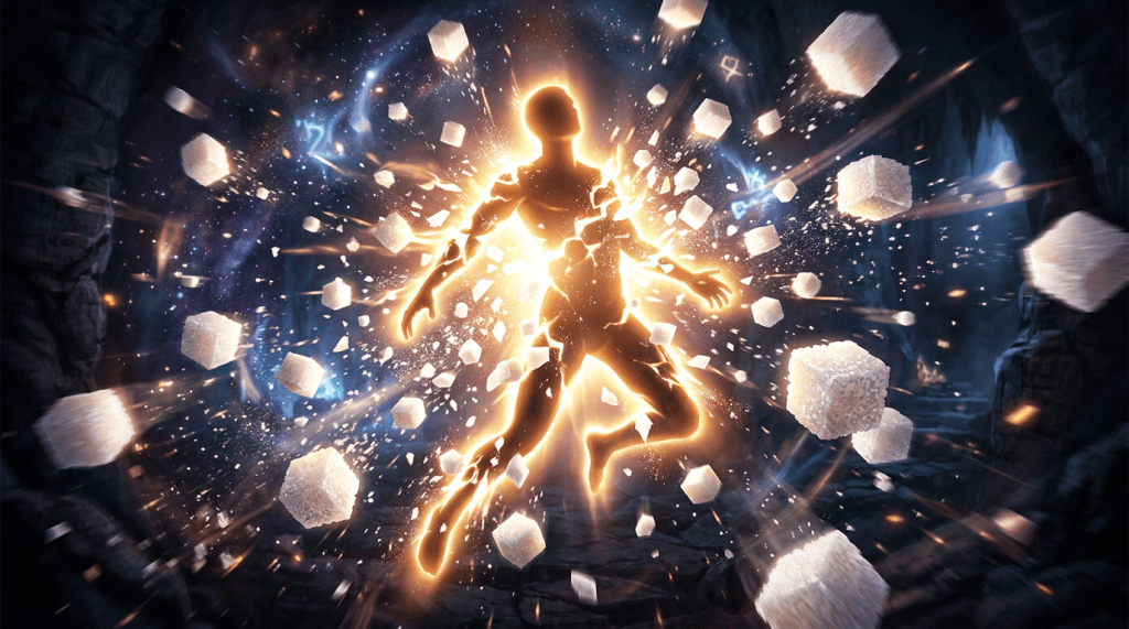 Glowing human figure surrounded by floating cubes in a dark space