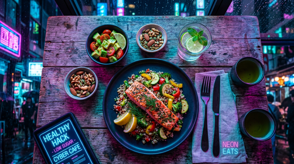 Grilled salmon with quinoa salad, fresh vegetables, nuts, and drinks on a rustic wooden table with cyber cafe neon sign.