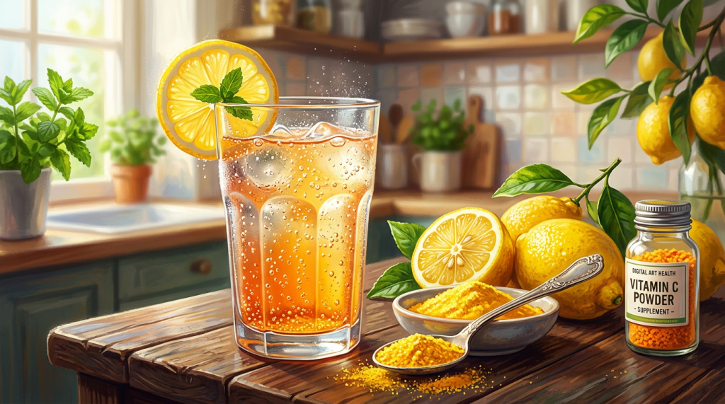 Glass of sparkling vitamin C drink with lemon slice and mint, fresh lemons, and vitamin C powder on wooden table