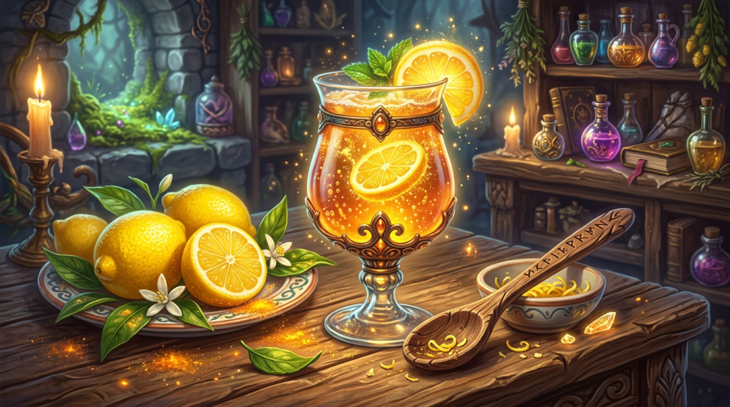 Glowing lemon drink with lemon slices in an ornate glass on a table with lemons and alchemy bottles