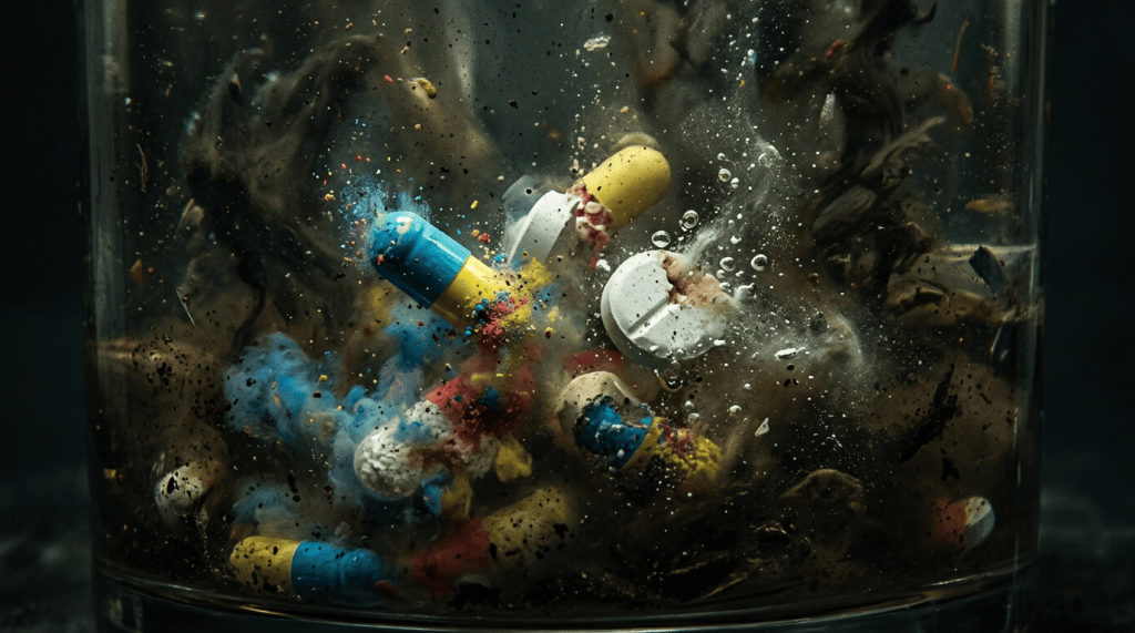 Various capsules and pills breaking apart and releasing powders underwater with bubbles