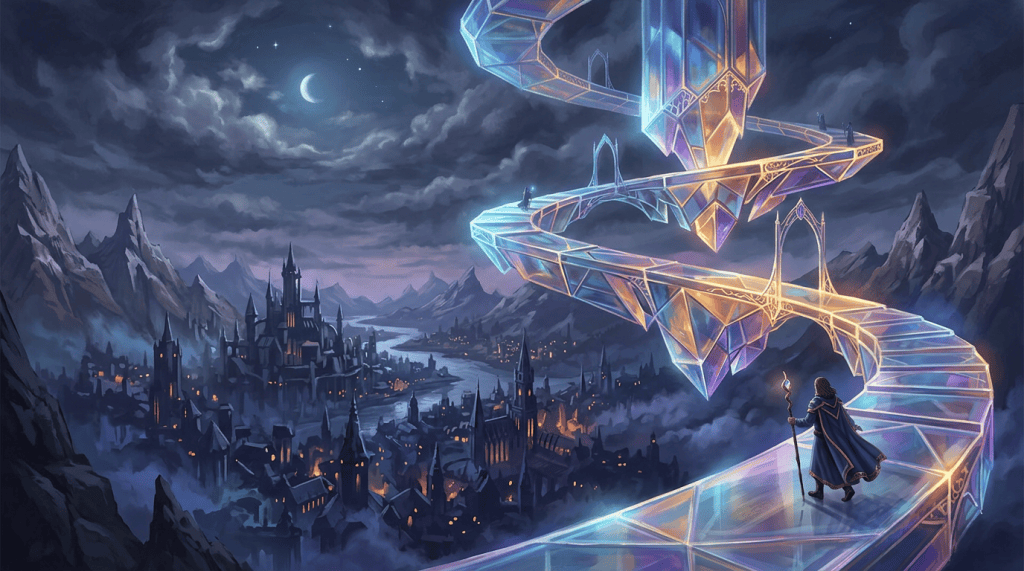 A robed person with a staff walks on a glowing crystal spiral staircase overlooking a city with castle towers under a crescent moon and cloudy sky.