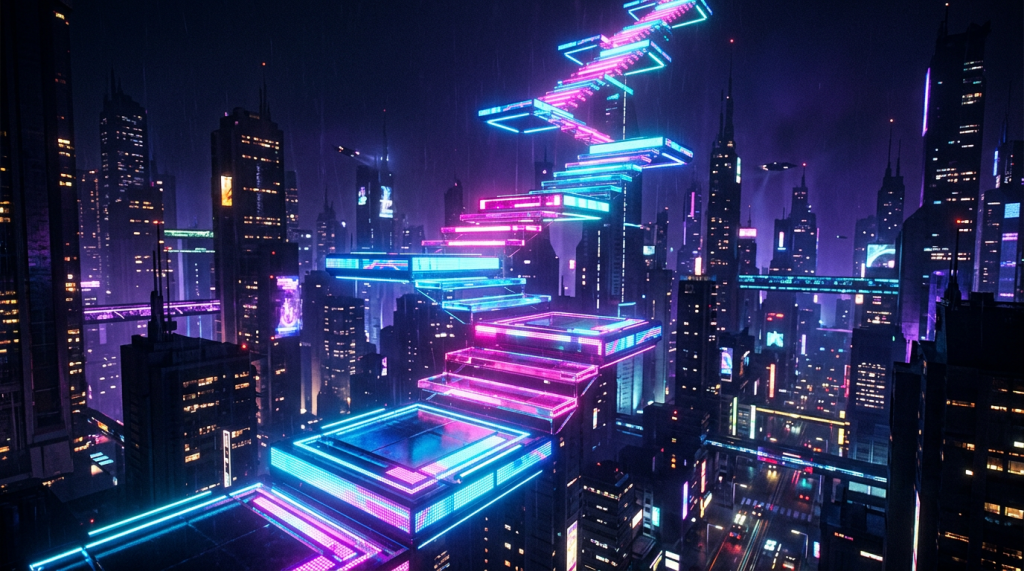 Neon-blue and pink glowing stairway floating above a futuristic city with skyscrapers and flying vehicles at night