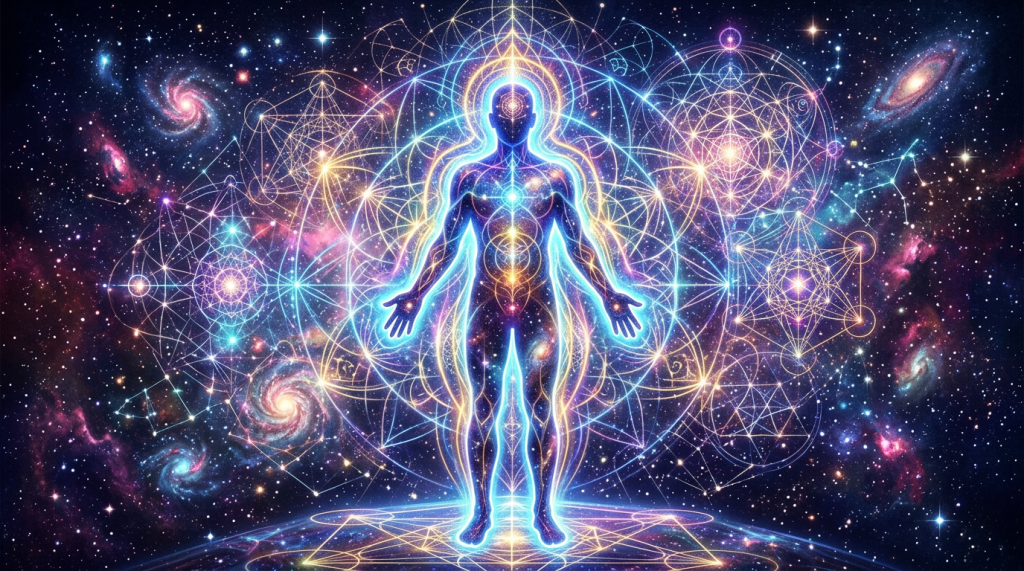 Glowing human silhouette with radiant energy and geometric patterns against a starry cosmic background