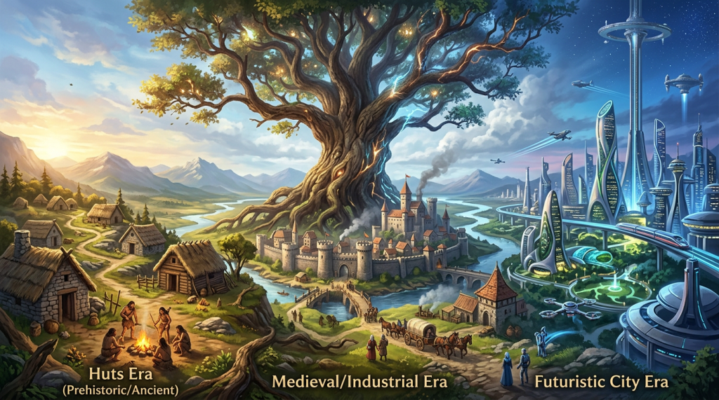 Transition from prehistoric huts and campfire to medieval castle and town, ending with a futuristic cityscape with advanced technology.