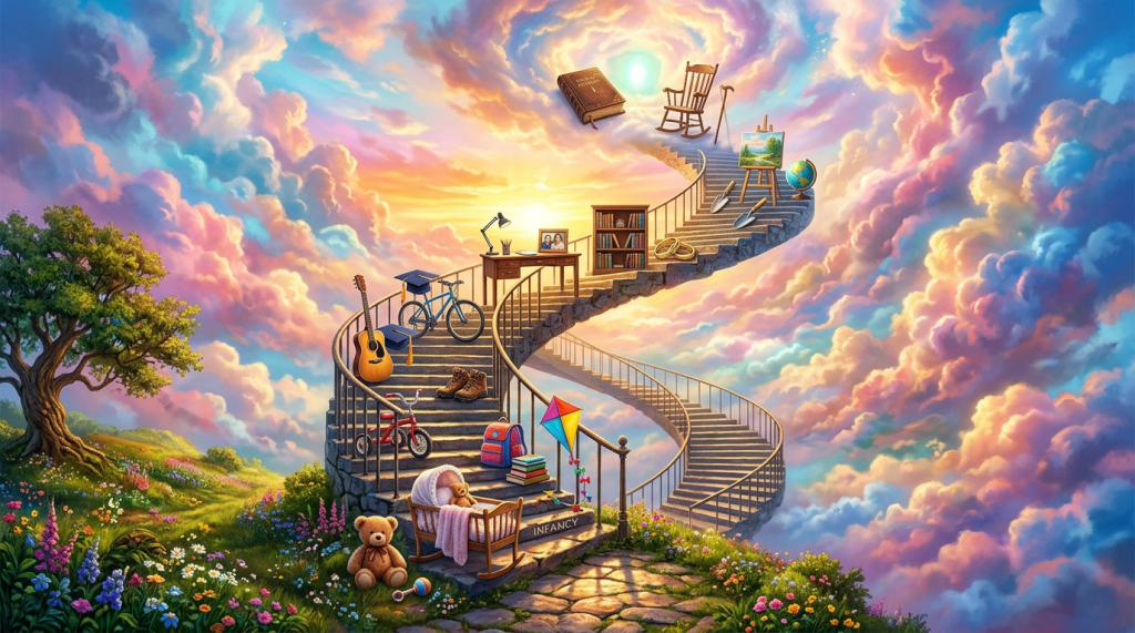 Spiral staircase with objects symbolizing stages of life ascending into colorful clouds