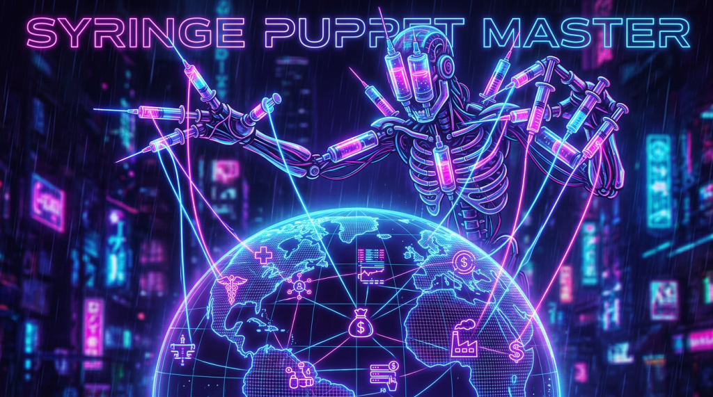 Cybernetic figure controlling a glowing globe with syringes as puppet strings