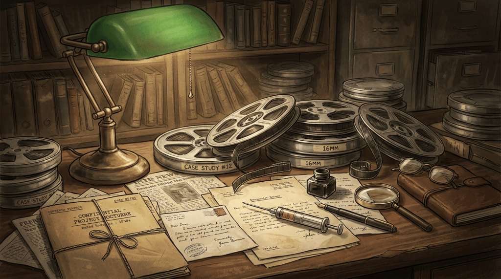 Desk with film reels, confidential files, syringe, magnifying glass, ink pot, fountain pen, glasses, and old documents