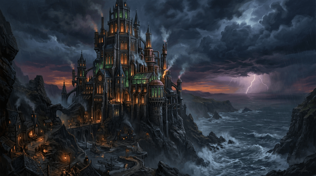 Large illuminated steampunk-style fortress on rocky coast with stormy skies and lightning over turbulent ocean