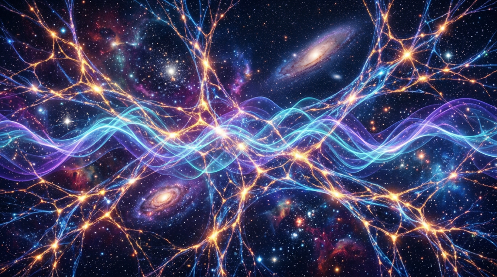Bright cosmic web filaments woven through galaxies and stars in deep space