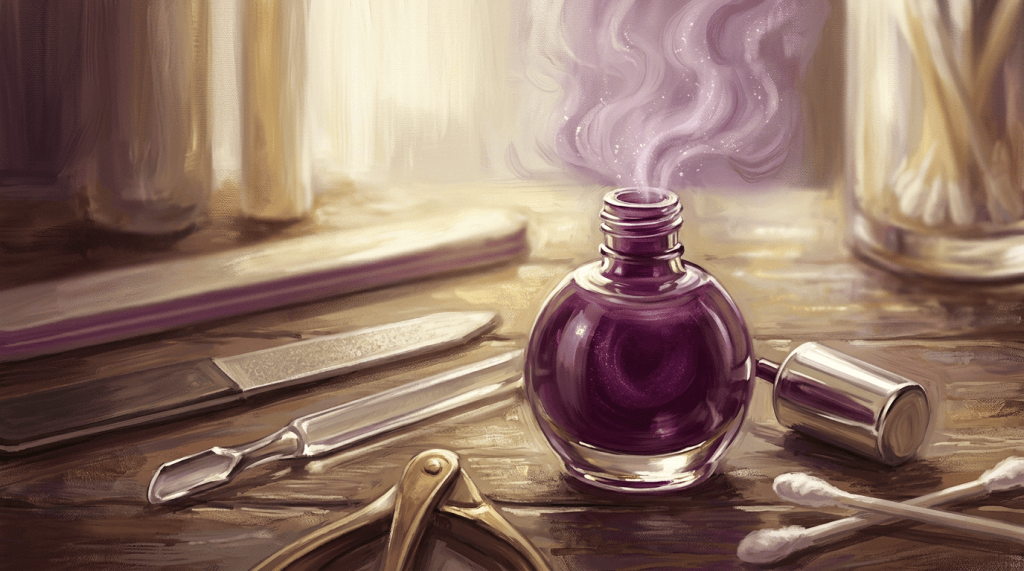 A round purple nail polish bottle emitting purple vapor, with manicure tools and cotton swabs around it
