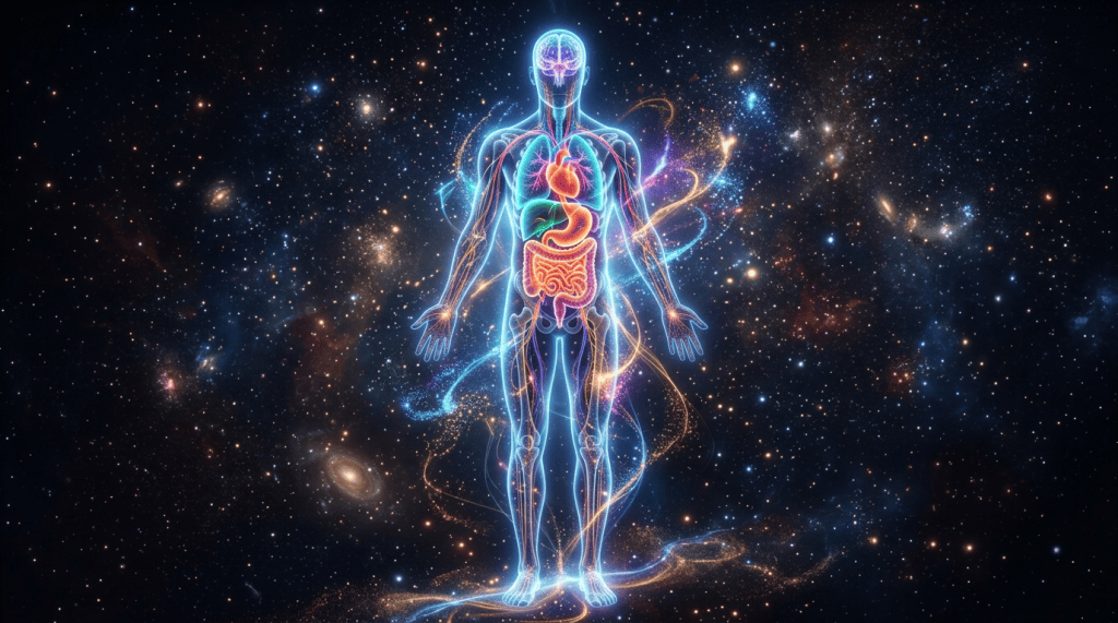 Glowing human outline with brain, heart, liver, stomach, intestines, and cosmic background