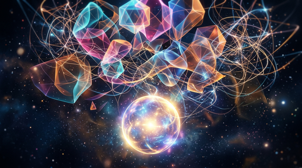 Glowing sphere with translucent geometric shapes and swirling light trails in space