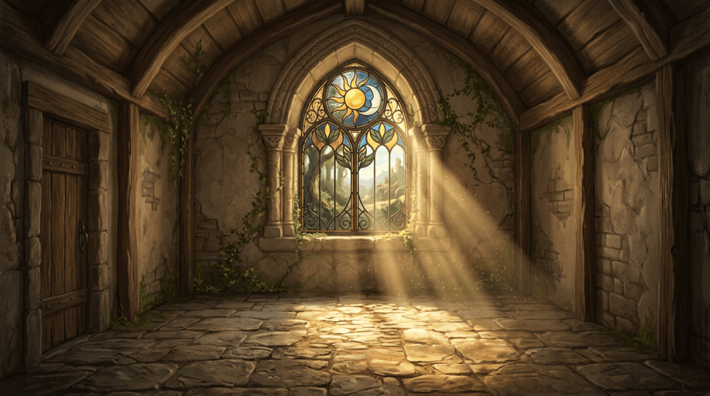 Medieval stone room with arched stained glass window showing sun and moon symbols