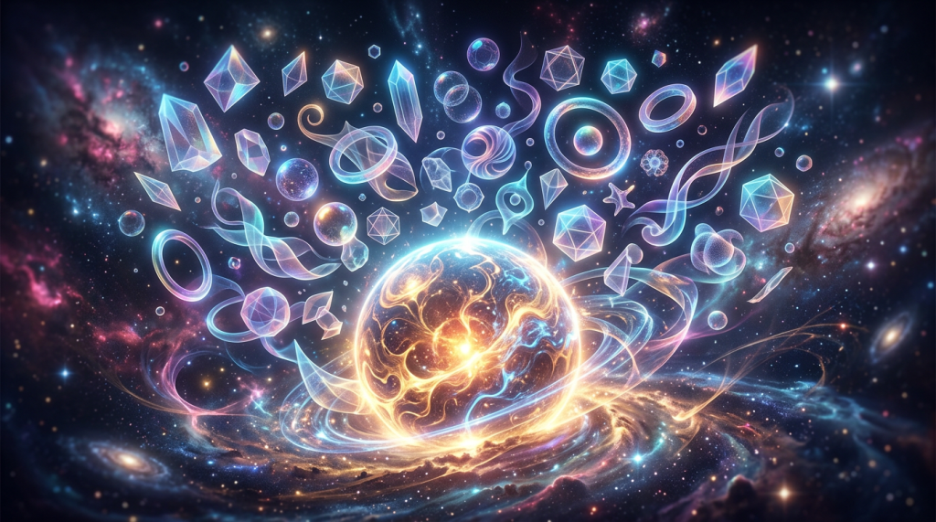 Glowing sphere emitting swirling energy and floating geometric shapes in a cosmic background