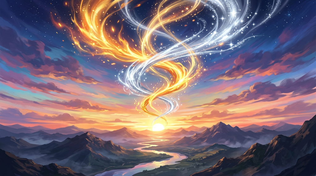Sunset over mountain landscape with swirling orange and white magical lights