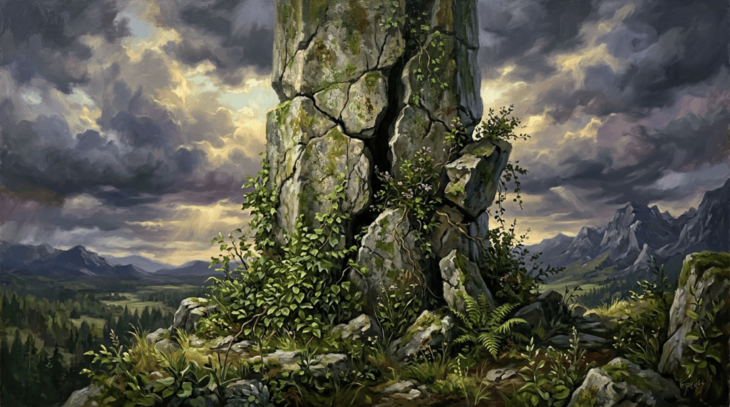 Large cracked rock formation covered in green plants with mountain range and cloudy sky in background