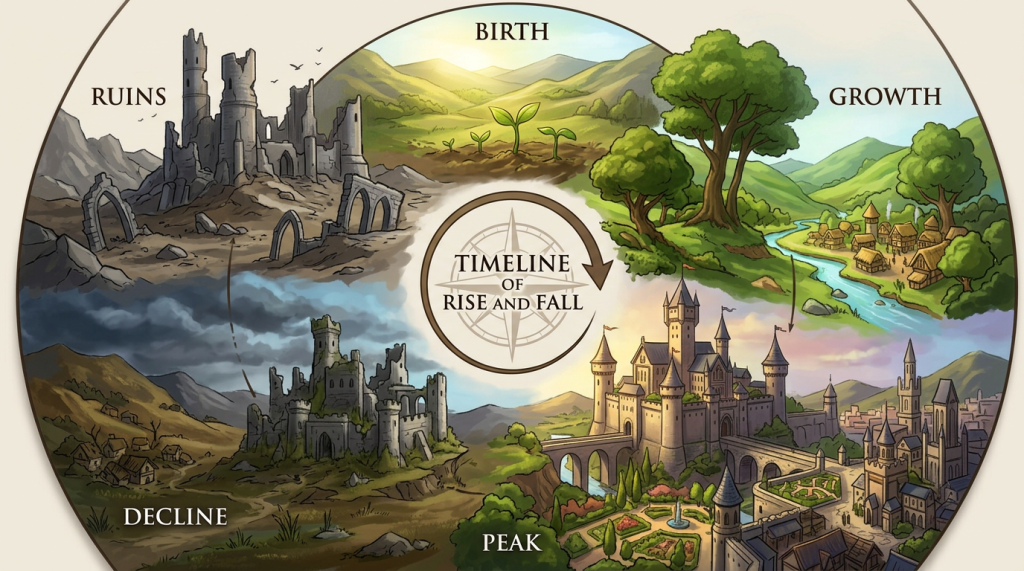 A circular timeline showing stages of civilization: birth with seedlings, growth with village and trees, peak with a grand castle and city, decline with a ruined castle in dark clouds, and ruins as broken towers.