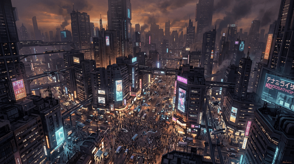 Futuristic city with skyscrapers, neon billboards, flying cars, and crowded streets at dusk