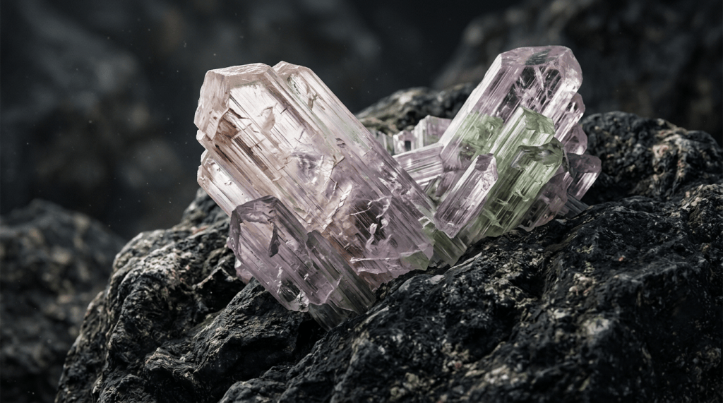 Cluster of pink and green crystals on dark rocky surface