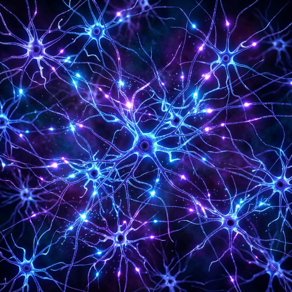 Blue and purple neurons with glowing synapses transmitting electrical signals