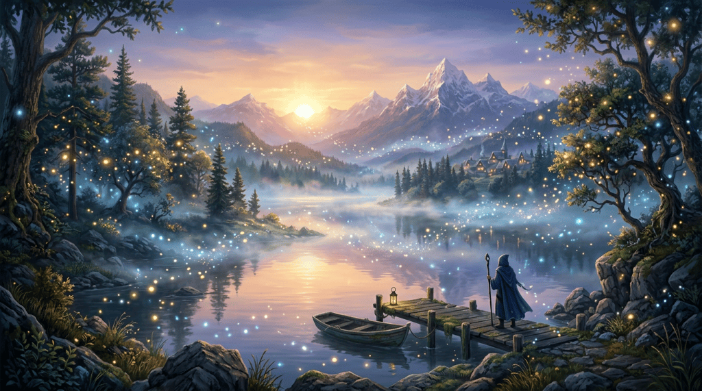 Cloaked figure with staff on lake dock under magical glowing orbs at sunset