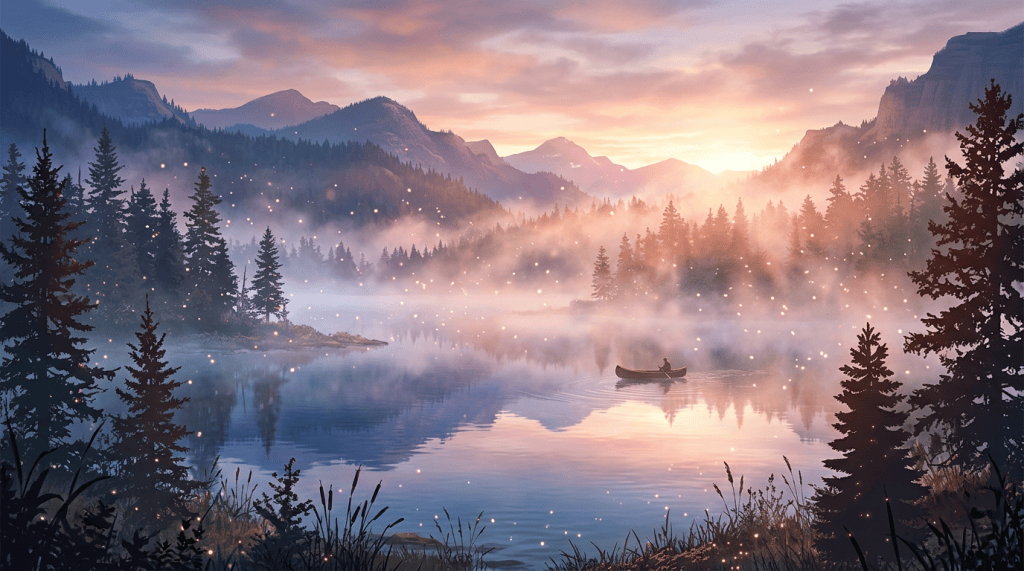 A person in a canoe on a calm mountain lake surrounded by pine trees and mist at sunrise