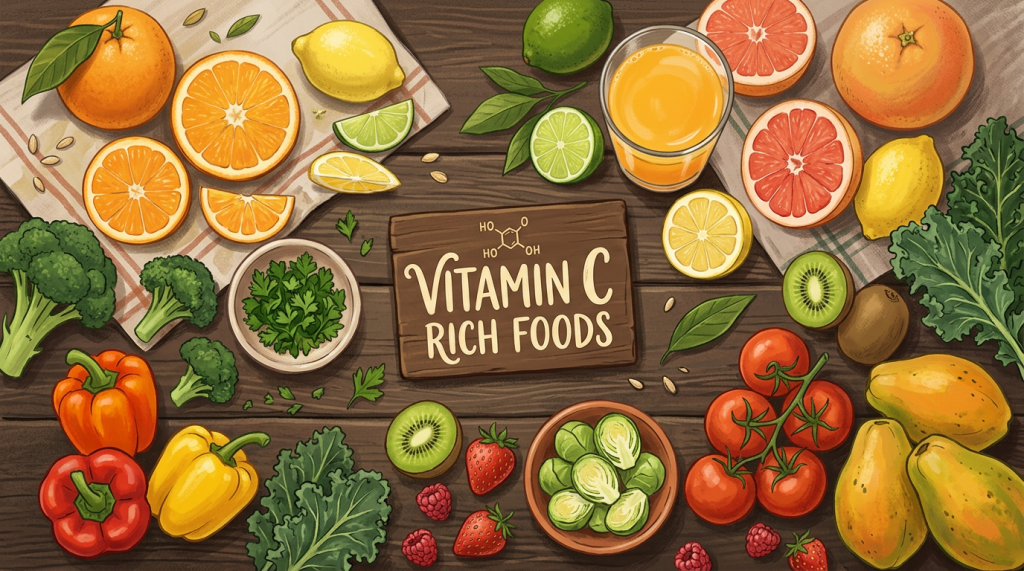 Various fruits and vegetables rich in vitamin C including oranges, bell peppers, broccoli, kiwi, strawberries, lemons, tomatoes, and kale arranged around a wooden board with 'Vitamin C Rich Foods' text.