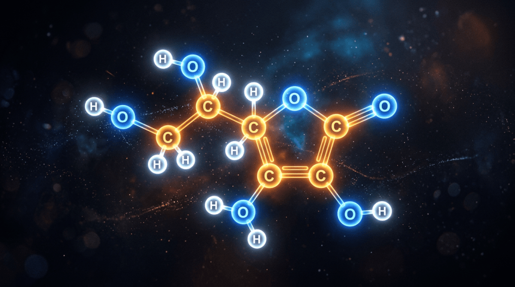 Molecular model showing carbon, hydrogen, and oxygen atoms connected by bonds