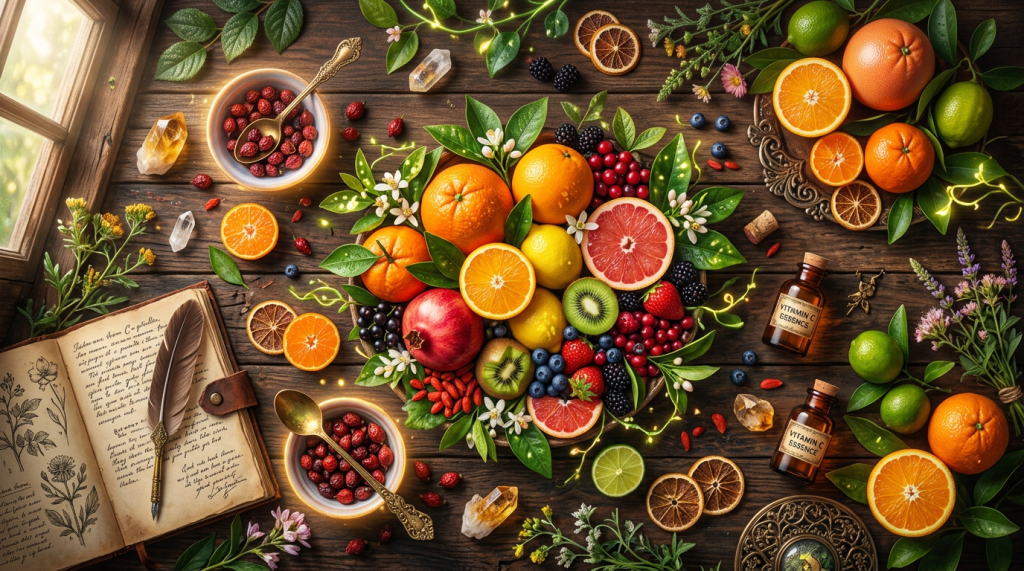 Various citrus fruits, berries, herbs, and vitamin C essence bottles arranged on a wooden surface