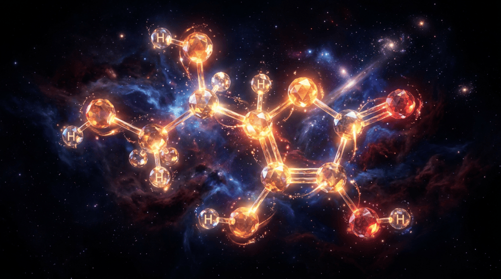 Glowing molecular structure with hydrogen atoms in space