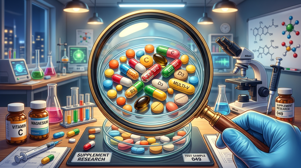 Magnified view of vitamin and supplement pills including B12, D3, C, magnesium, and multivitamins in a laboratory.
