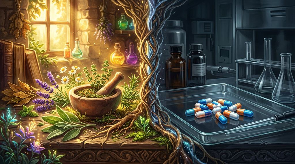 Traditional herbs and mortar on left with laboratory capsules and glassware on right