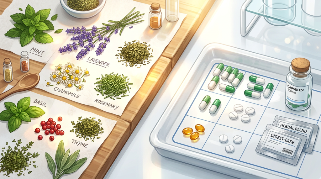Fresh and dried herbs including mint, lavender, chamomile, rosemary, basil, and thyme next to a tray with capsules, tablets, and packets labeled medicinal blends