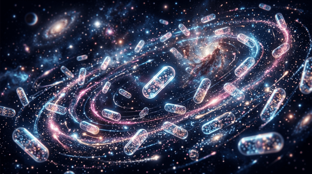 Transparent capsules filled with glowing particles floating in a spiral galaxy with stars and nebulae
