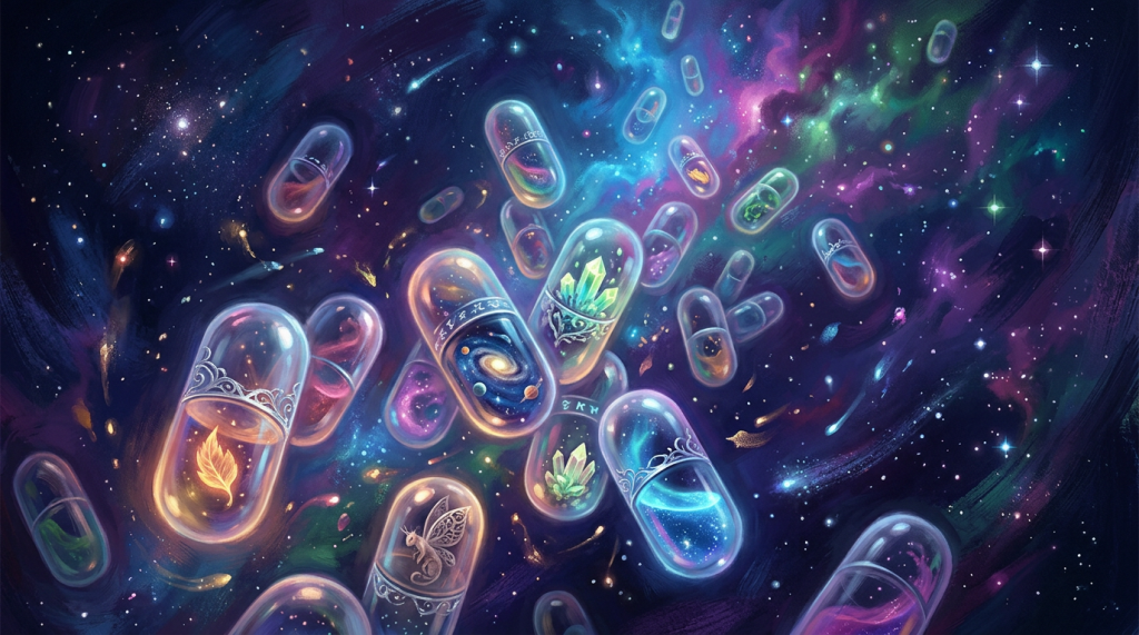 Floating transparent capsules in space holding galaxies, crystals, leaves, and mythical creatures