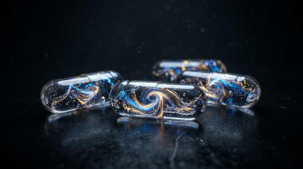 Transparent capsules with swirling particles in darkness