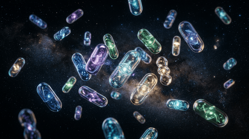 Transparent capsules with colorful cosmic elements floating in space